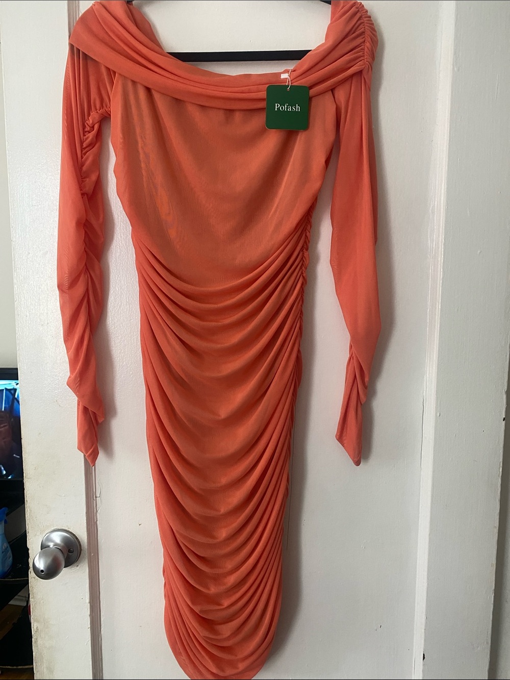 Coral Long-Sleeve Ruched Off-Shoulder Dress